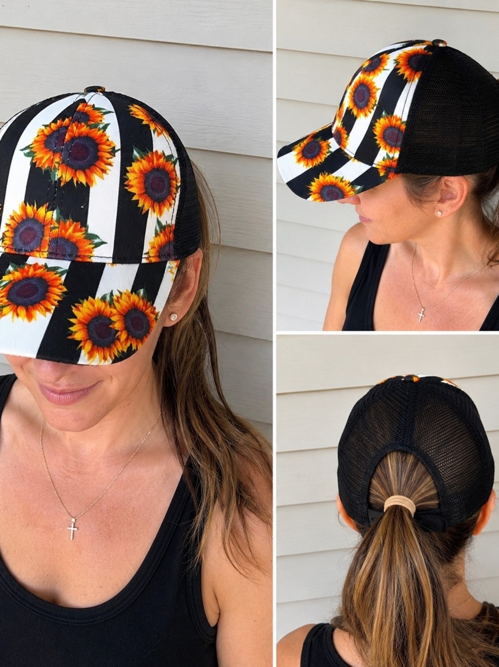 #1241 NWOT Sunflower Stripe Mesh Ponytail Baseball Cap